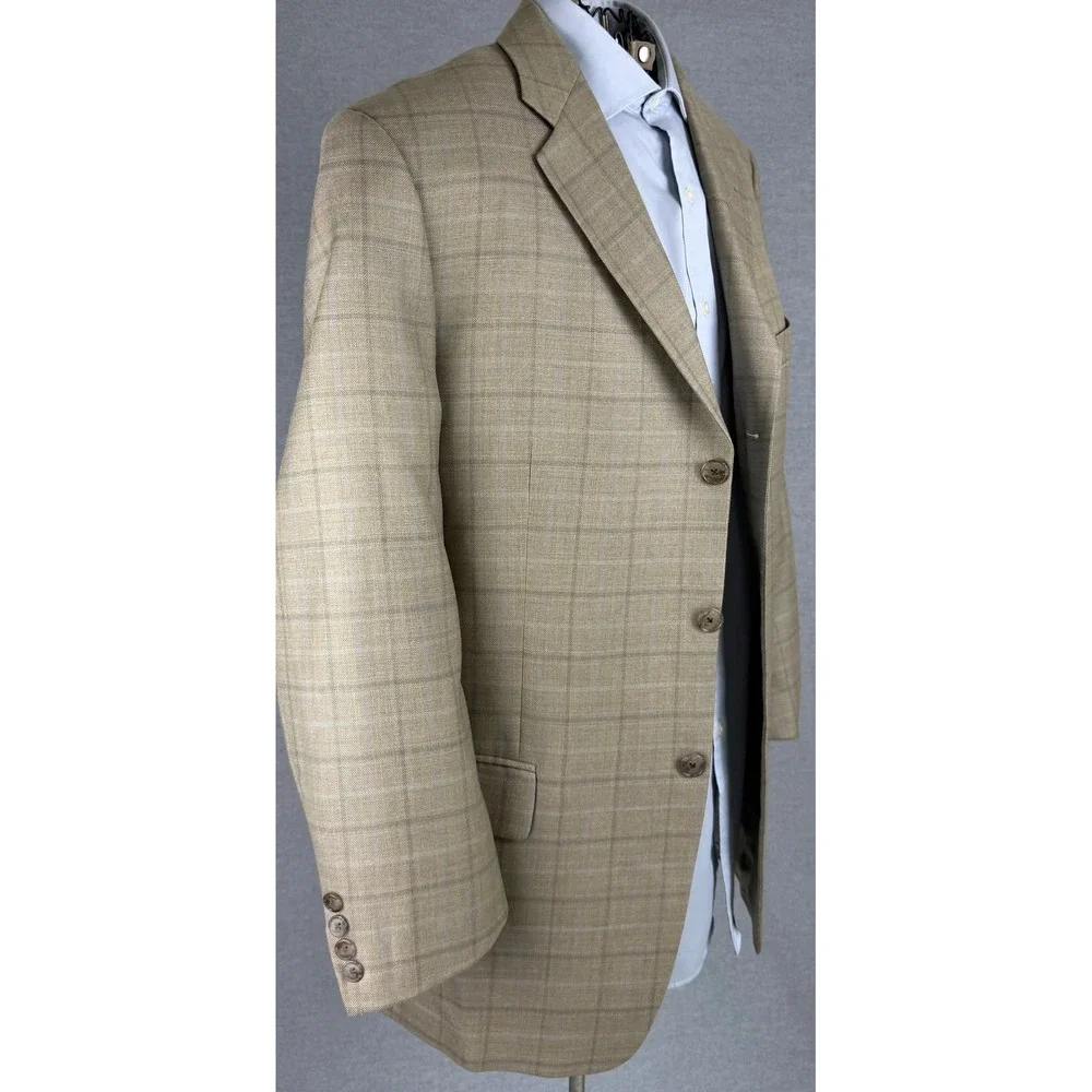 Joseph Abboud Nordstrom Mens 41R Blazer Tan Brown Windowpane Wool Silk Sport